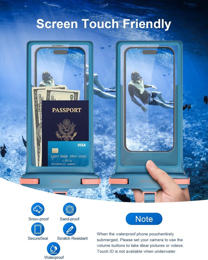 Wellhouse Waterproof Phone Pouch, Waterproof Phone Case for iPhone 16 15 14 13 12 Pro Max XS Samsung, IPX8 3D Cellphone Dry Bag Beach Essentials (1 Pack - Blue8.0, 8 inch) - Image 3